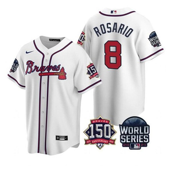 Atlanta Braves #8 Eddie Rosario 2021 White World Series With 150th Anniversary Patch Cool Base Stitched Jersey