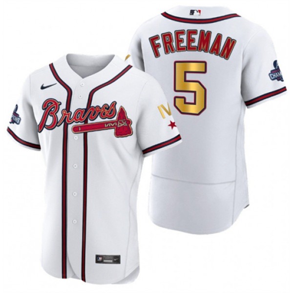 Atlanta Braves #5 Freddie Freeman White Gold World Series Champions Flex Base Stitched Jersey
