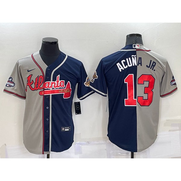 Atlanta Braves #13 Ronald Acuna Jr. Gray Navy Two Tone Split Cool Base Stitched Baseball Jersey