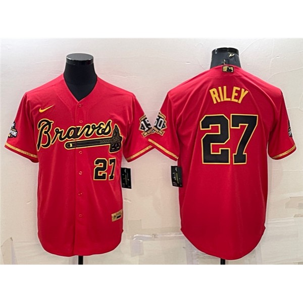 Atlanta Braves #27 Austin Riley Red Gold Cool Base Stitched Baseball Jersey
