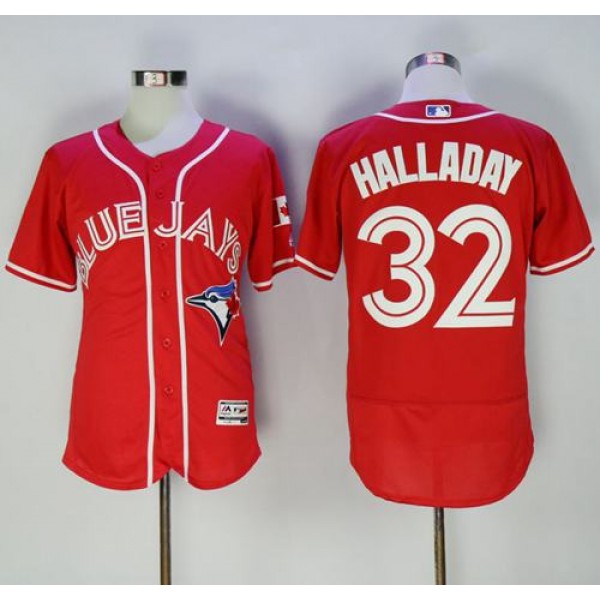 Blue Jays #32 Roy Halladay Red Flexbase Authentic Collection Canada Day Stitched Jersey
