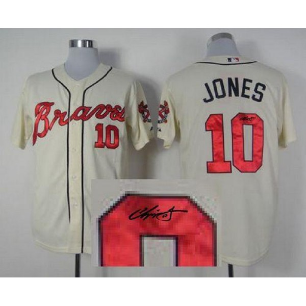Braves #10 Chipper Jones Cream Cool Base Autographed Stitched Jersey