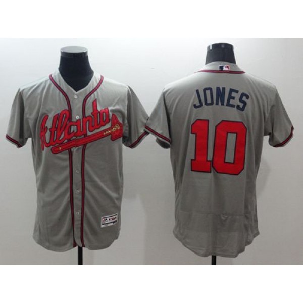Braves #10 Chipper Jones Grey Flexbase Authentic Collection Stitched Jersey