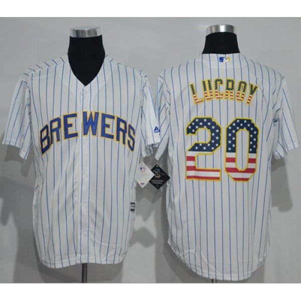 Brewers #20 Jonathan Lucroy White(Blue Strip) USA Flag Fashion Stitched Jersey