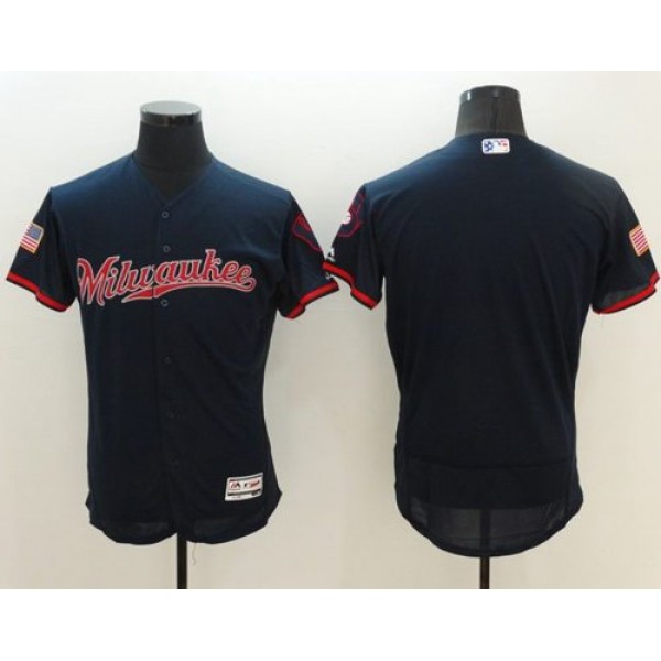 Brewers Blank Navy Blue Fashion Stars Stripes Flexbase Authentic Stitched Jersey