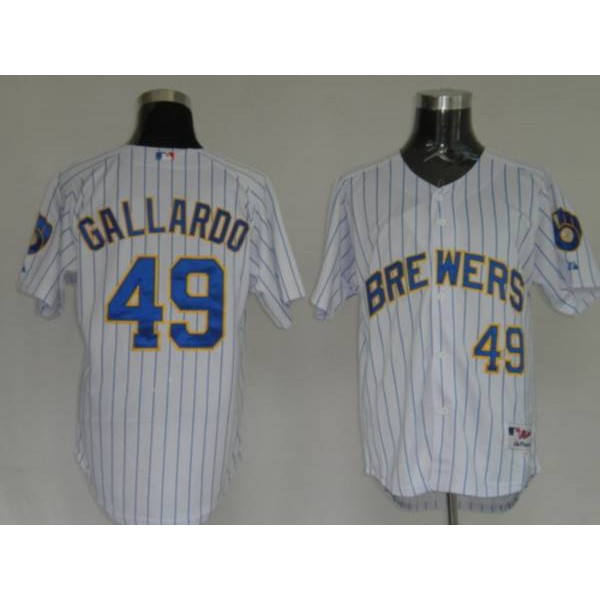 Brewers #49 Yovani Gallardo Stitched White Blue Strip Jersey