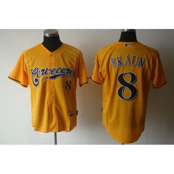 Brewers #8 Ryan Braun Yellow Cerveceros Cool Base Stitched Jersey