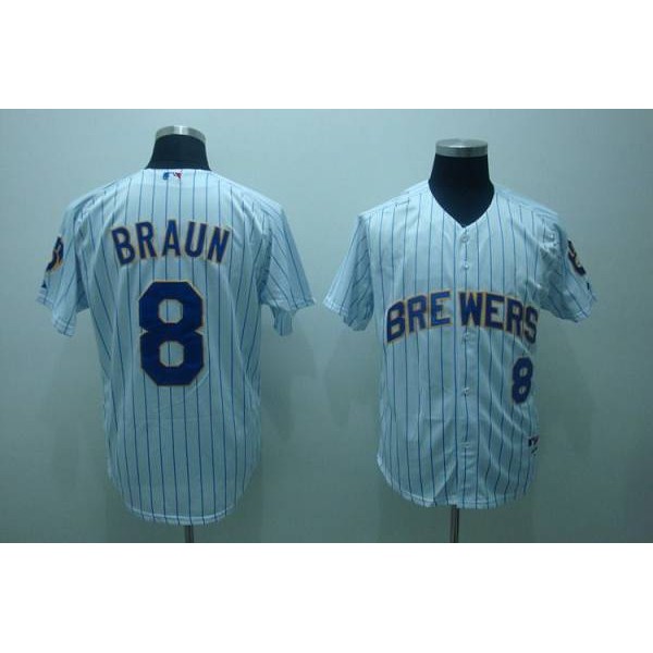 Brewers #8 Ryan Braun Stitched White Blue Strip Jersey