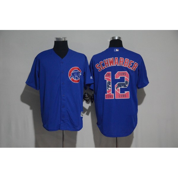 Chicago Cubs #12 Kyle Schwarber Blue Team Logo Print Cool Base Stitched Jersey