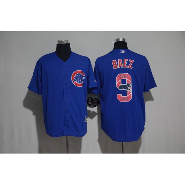Chicago Cubs #9 Javier Baez Blue Team Logo Print Cool Base Stitched Jersey