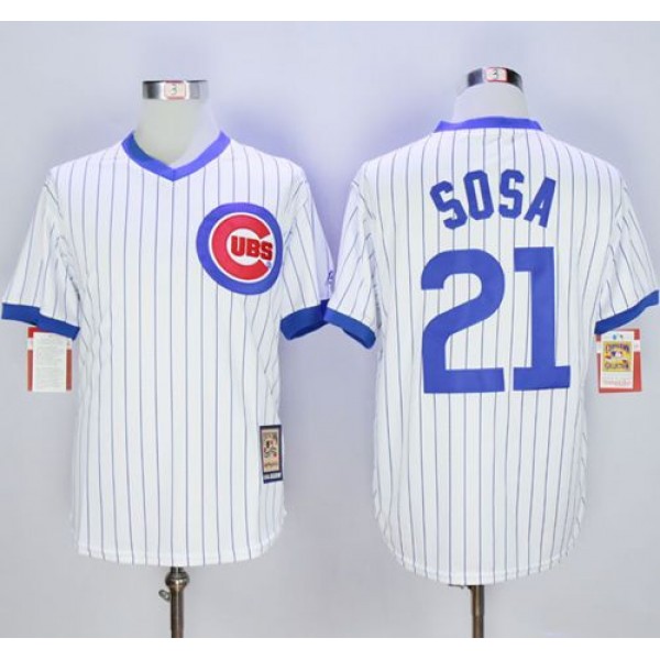Cubs #21 Sammy Sosa White Strip Home Cooperstown Stitched Jersey