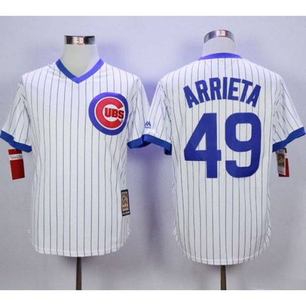 Cubs #49 Jake Arrieta White Strip Home Cooperstown Stitched Jersey