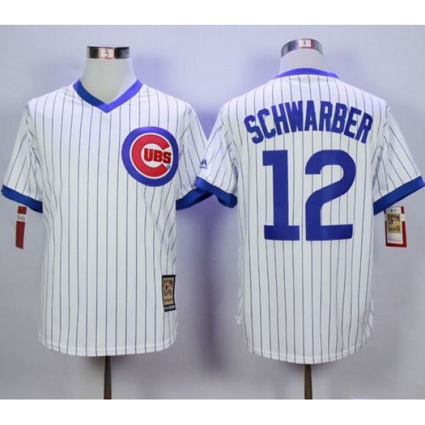 Cubs #12 Kyle Schwarber White Strip Home Cooperstown Stitched Jersey