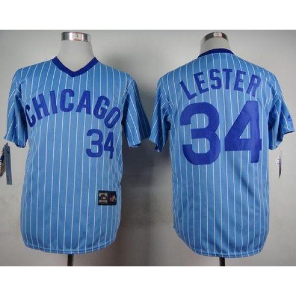 Cubs #34 Jon Lester Blue(White Strip) Cooperstown Throwback Stitched Jersey