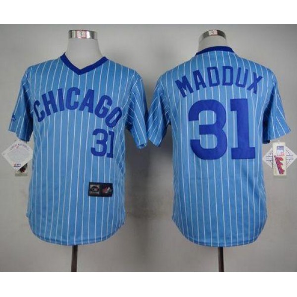 Cubs #31 Greg Maddux Blue(White Strip) Cooperstown Throwback Stitched Jersey