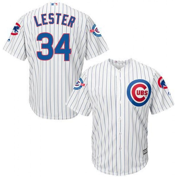 Cubs #34 Jon Lester White Strip New Cool Base With 100 Years At Wrigley Field Commemorative Patch Stitched Jersey