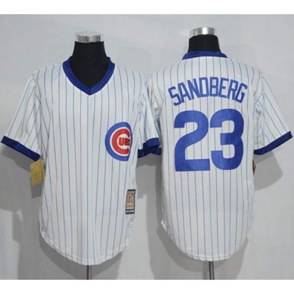 Cubs #23 Ryne Sandberg White Strip Home Cooperstown Stitched Jersey