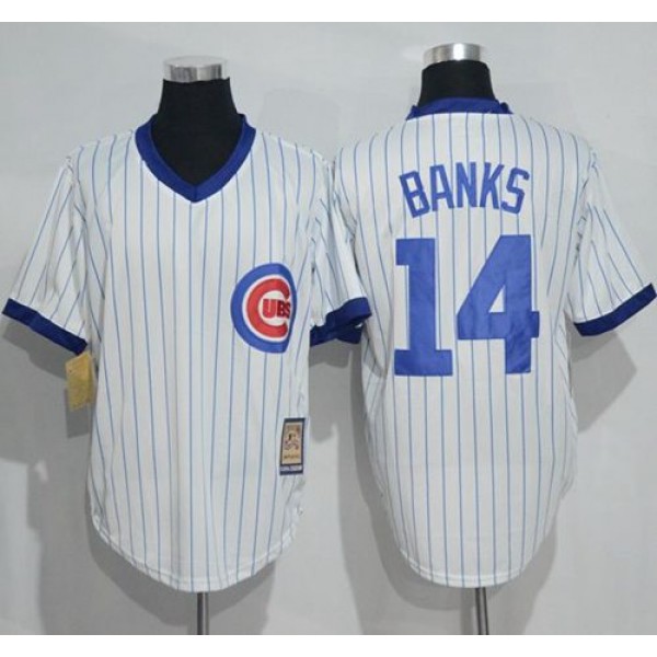 Cubs #14 Ernie Banks White Strip Home Cooperstown Stitched Jersey