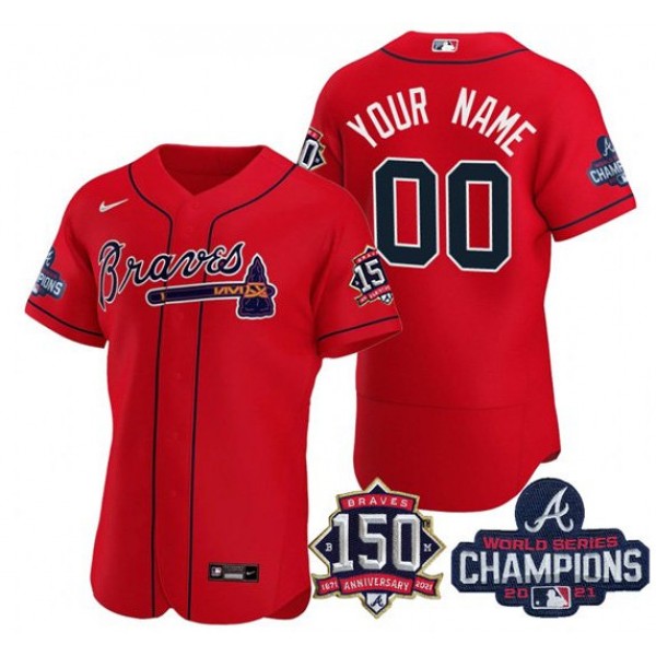 Atlanta Braves Red Customized Custom 2021 World Series Champions With 150th Anniversary Stitched Jersey