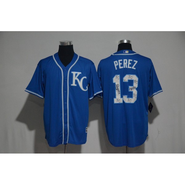 Kansas City Royals #13 Salvador Perez Royal Team Logo Print Cool Base Stitched Jersey
