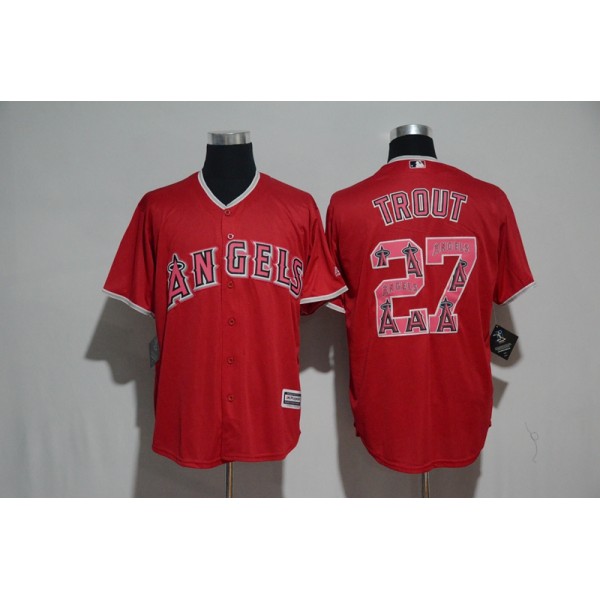 Los Angeles Angels #27 Mike Trout Red Team Logo Print Cool Base Stitched Jersey