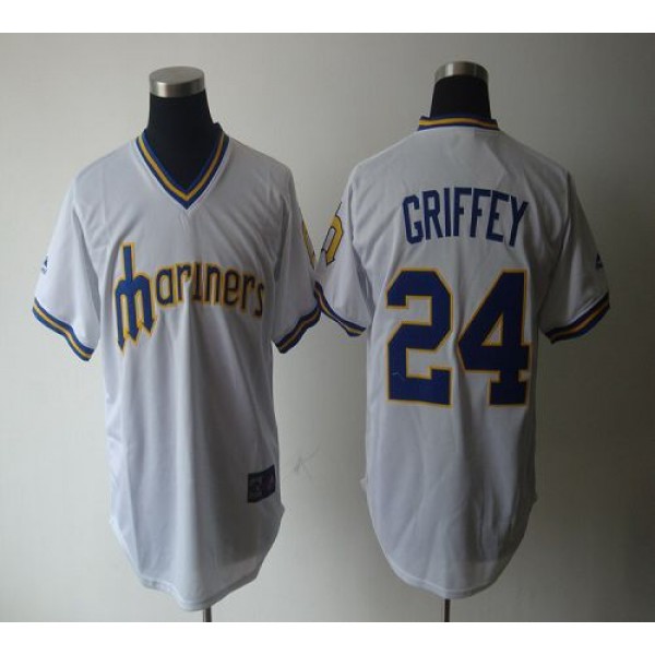 Mariners #24 Ken Griffey White Cooperstown Throwback Stitched Jersey