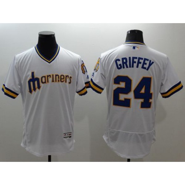 Mariners #24 Ken Griffey White Flexbase Authentic Collection Cooperstown Stitched Jersey