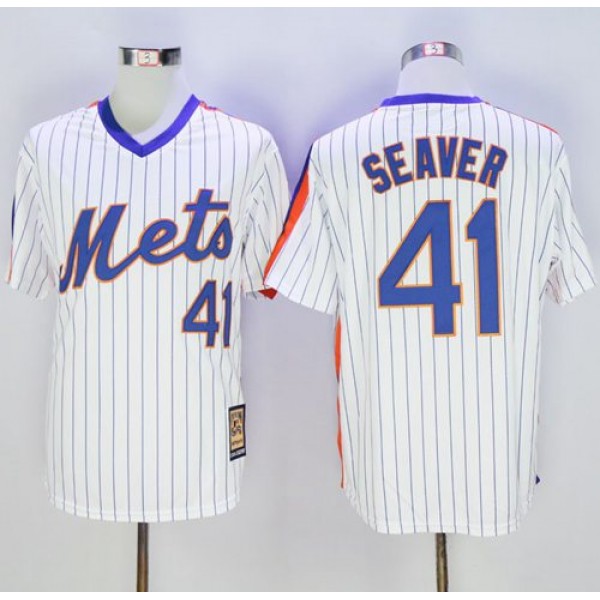 Mets #41 Tom Seaver White(Blue Strip) Cooperstown Stitched Jersey