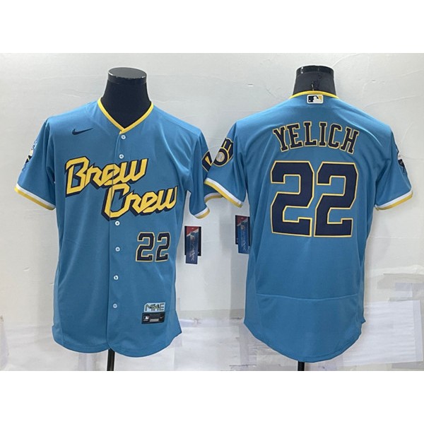 Milwaukee Brewers #22 Christian Yelich Powder Blue 2022 City Connect Flex Base Stitched Jersey