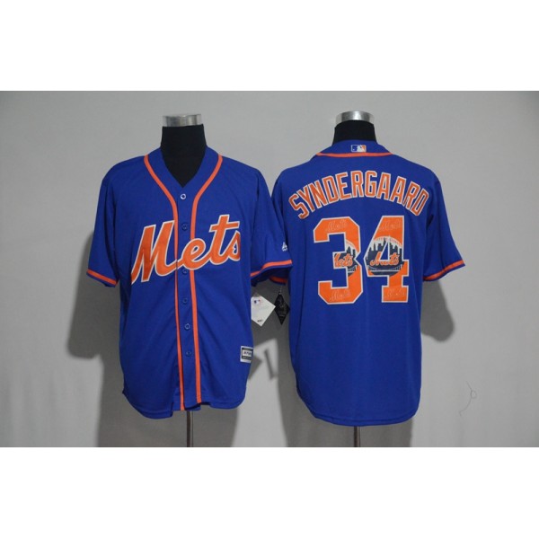 New York Mets #34 Noah Syndergaard Blue Team Logo Print Cool Base Stitched Jersey