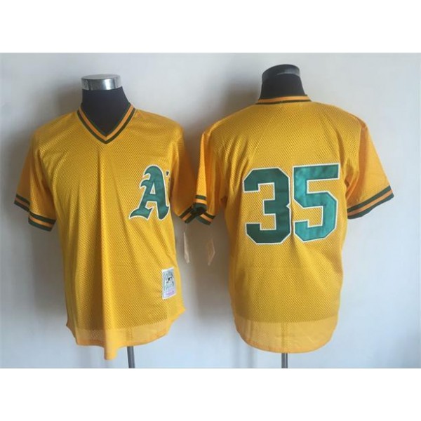 Oakland Athletics #35 Rickey Henderson Mitchell And Ness Yellow 1984 Throwback Stitched Jersey