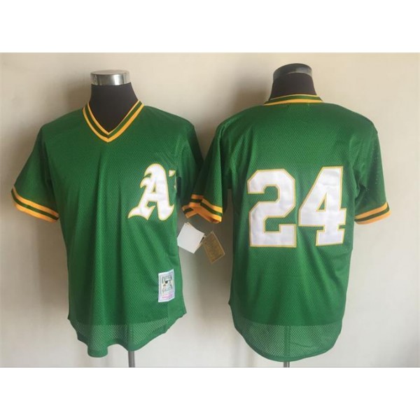 Oakland Athletics #24 Rickey Henderson Mitchell And Ness Green 1991 Throwback Stitched Jersey