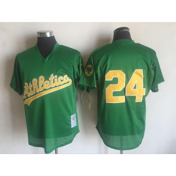 Oakland Athletics #24 Rickey Henderson Mitchell And Ness Green 1998 Throwback Stitched Jersey