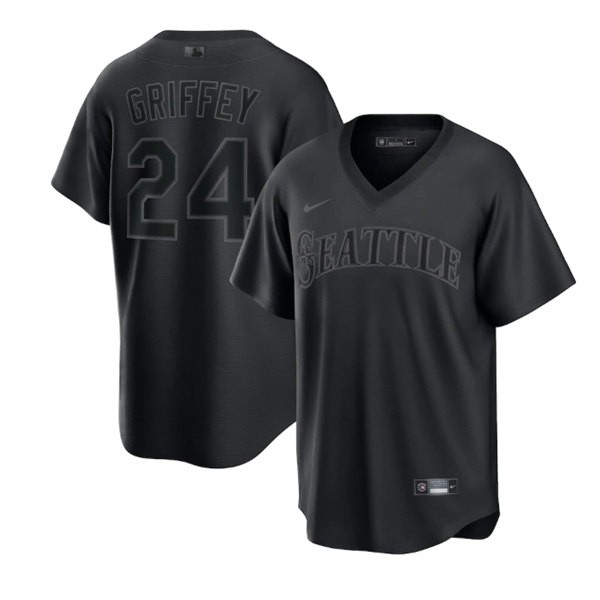 Seattle Mariners #24 Ken Griffey Jr. Black Pitch Black Fashion Replica Stitched Jersey