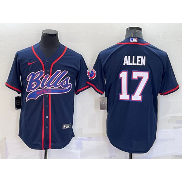 Buffalo Bills #17 Josh Allen Navy With Patch Cool Base Stitched Baseball Jersey
