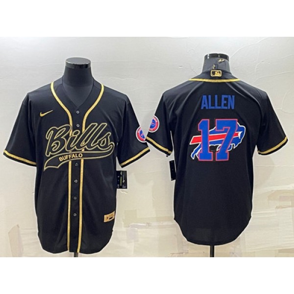 Buffalo Bills #17 Josh Allen Black Gold Team Big Logo With Patch Cool Base Stitched Baseball Jersey