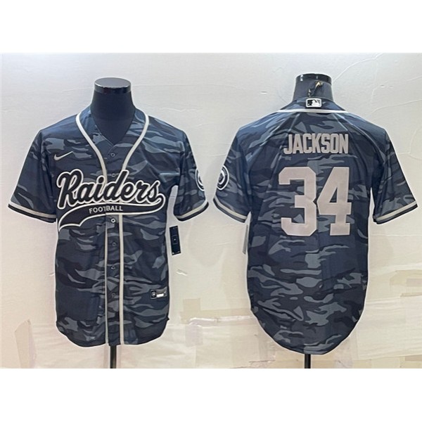 Las Vegas Raiders #34 Bo Jackson Gray Camo With Patch Cool Base Stitched Baseball Jersey