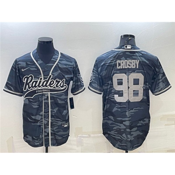 Las Vegas Raiders #98 Maxx Crosby Gray Camo With Patch Cool Base Stitched Baseball Jersey