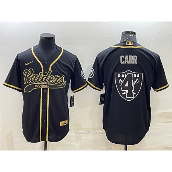 Las Vegas Raiders #4 Derek Carr Black Gold Team Big Logo With Patch Cool Base Stitched Baseball Jersey