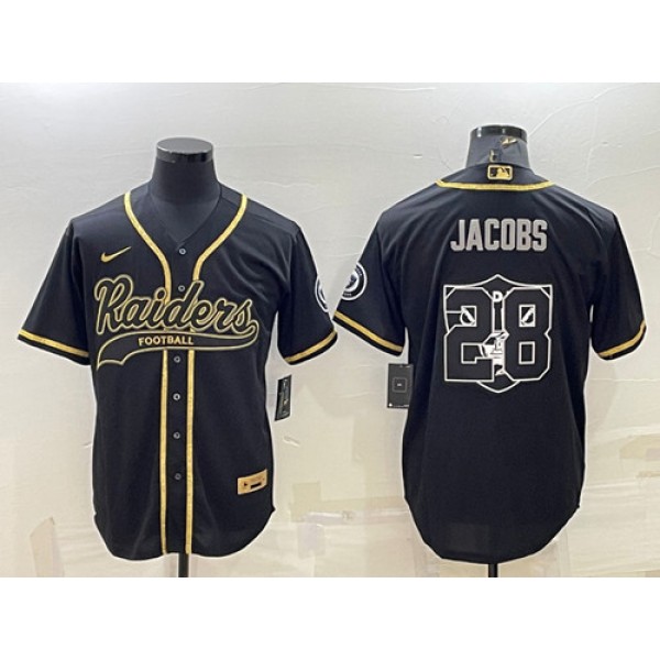 Las Vegas Raiders #28 Josh Jacobs Black Gold Team Big Logo With Patch Cool Base Stitched Baseball Jersey