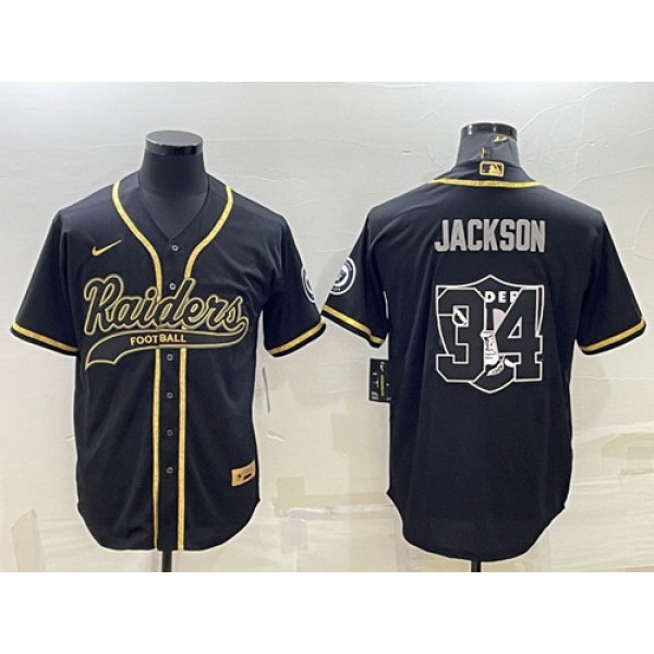 Las Vegas Raiders #34 Bo Jackson Black Gold Team Big Logo With Patch Cool Base Stitched Baseball Jersey