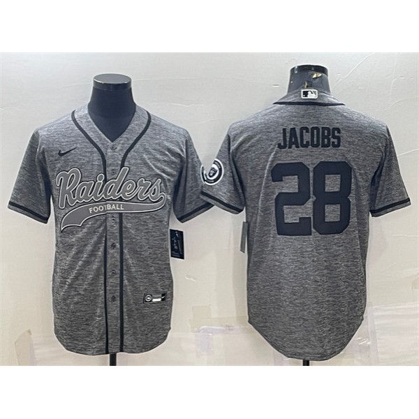 Las Vegas Raiders #28 Josh Jacobs Gray With Patch Cool Base Stitched Baseball Jersey