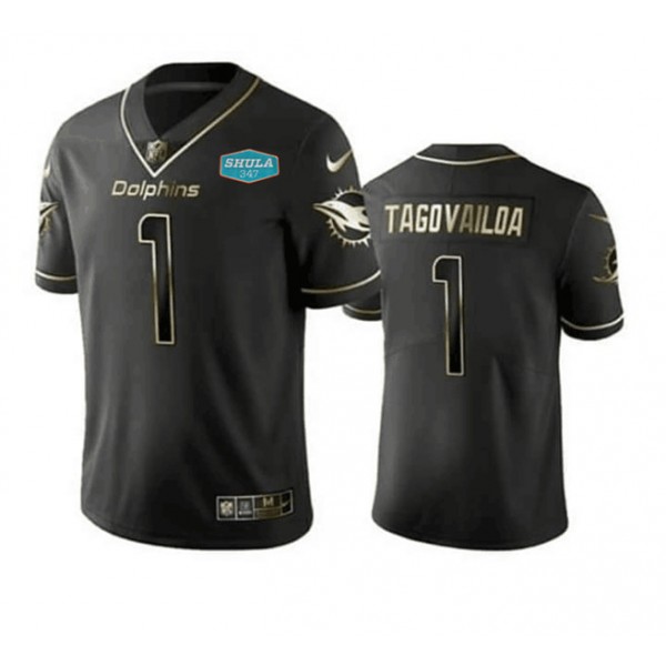 Miami Dolphins #1 Tua Tagovailoa 2020 Black With 347 Shula Patch Gold Limited Stitched Jersey