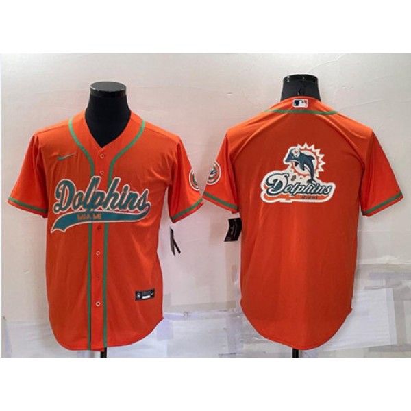 Miami Dolphins Orange Team Big Logo With Patch Cool Base Stitched Baseball Jersey
