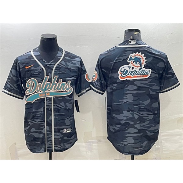 Miami Dolphins Gray Camo Team Big Logo With Patch Cool Base Stitched Baseball Jersey