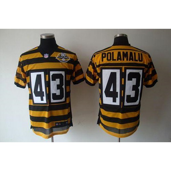 Pittsburgh Steelers #43 Troy Polamalu Yellow Black 80TH Anniversary Throwback Stitched Jersey