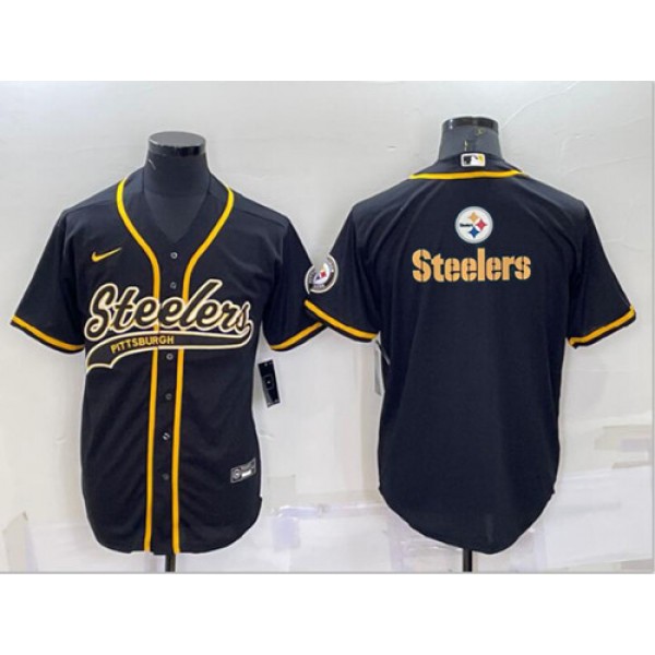 Pittsburgh Steelers Black Team Big Logo With Patch Cool Base Stitched Baseball Jersey