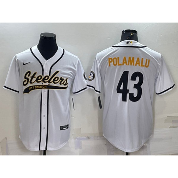 Pittsburgh Steelers #43 Troy Polamalu White With Patch Cool Base Stitched Baseball Jersey