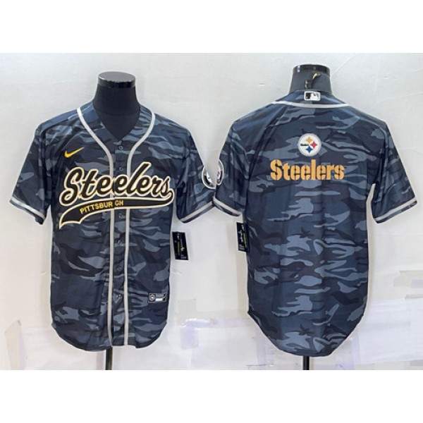 Pittsburgh Steelers Blank Gray Camo Team Big Logo With Patch Cool Base Stitched Baseball Jersey