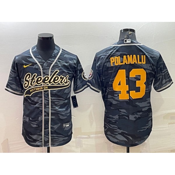Pittsburgh Steelers #43 Troy Polamalu Gray Navy Camo With Patch Cool Base Stitched Baseball Jersey